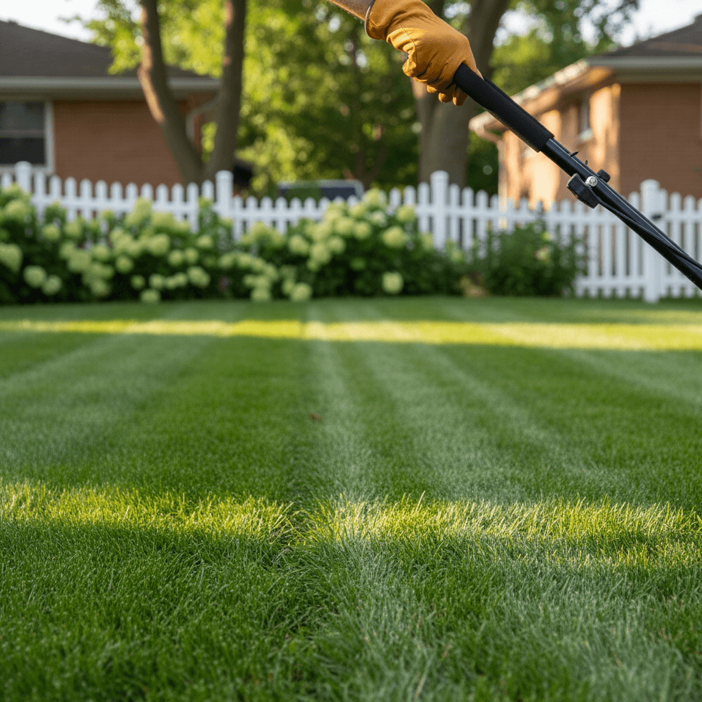 Lawn mower cutting a neat stripe in a Winnipeg backyard
