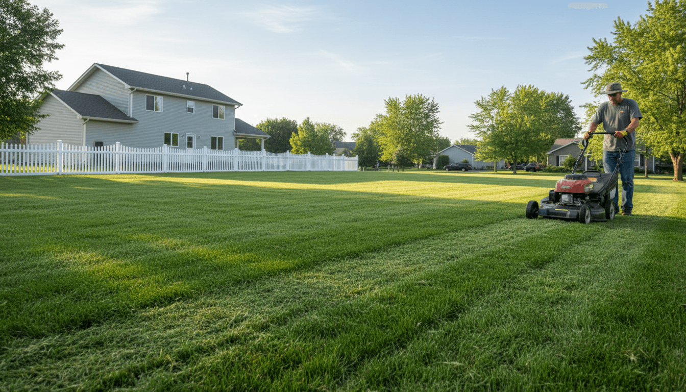 Freshly mowed lawn with visible mowing stripes in a residential Winnipeg yard