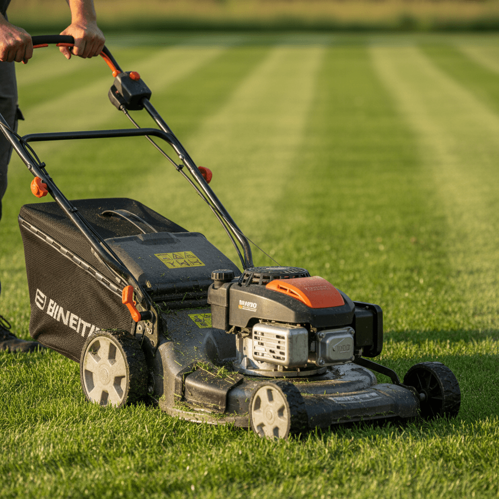 Lawn mower cutting a lush green residential lawn