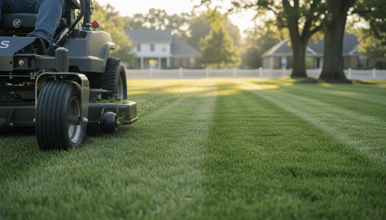 Lush green residential lawn with a lawn care professional mowing in the background
