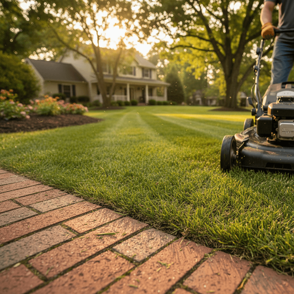 Landscaper adjusting a lawn mower in a residential yard