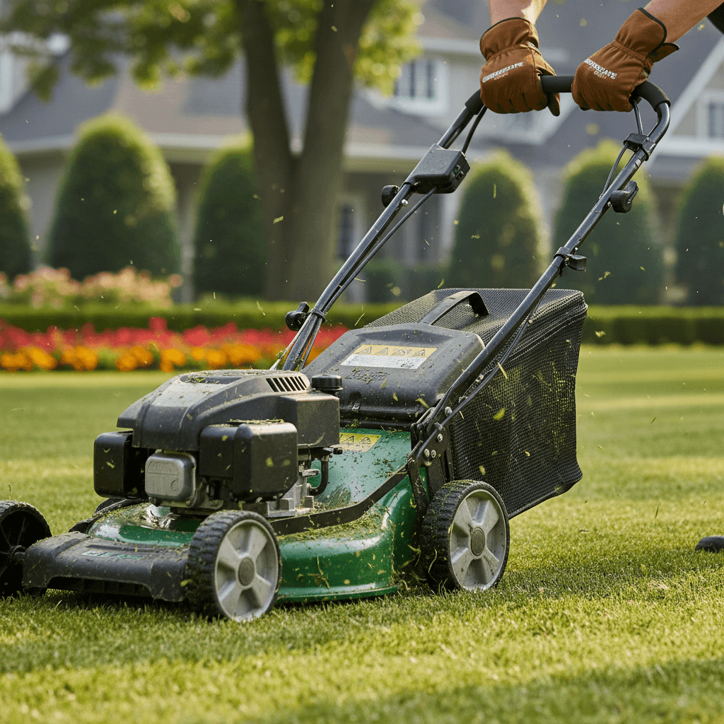 Lawn care professional mowing a striped residential lawn