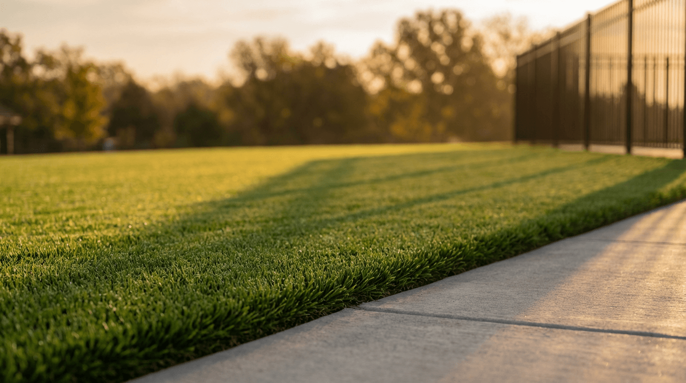 Warm evening light, gloved hand spreading granular fertilizer evenly over a Winnipeg lawn